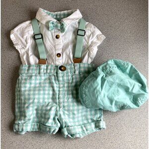 Tommy Bahama Boys Shirt & Shorts Suspenders Set 3-6 Months 3 Pc White Green Hat
